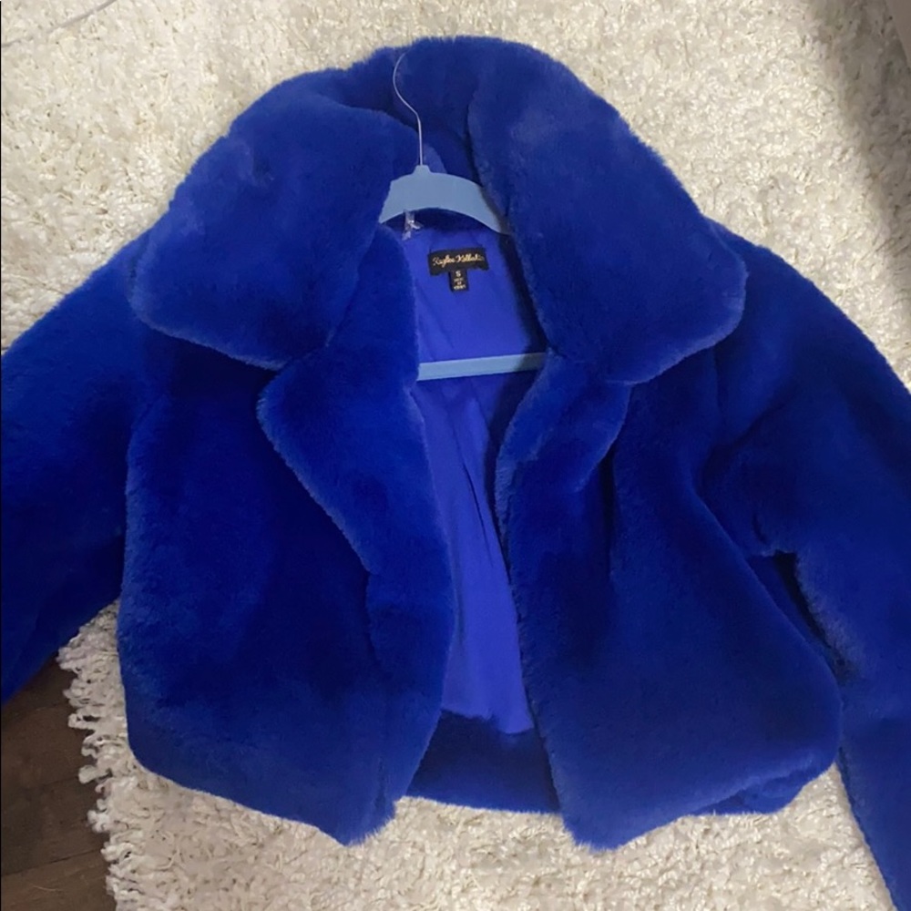 Royal blue faux fur crop jacket